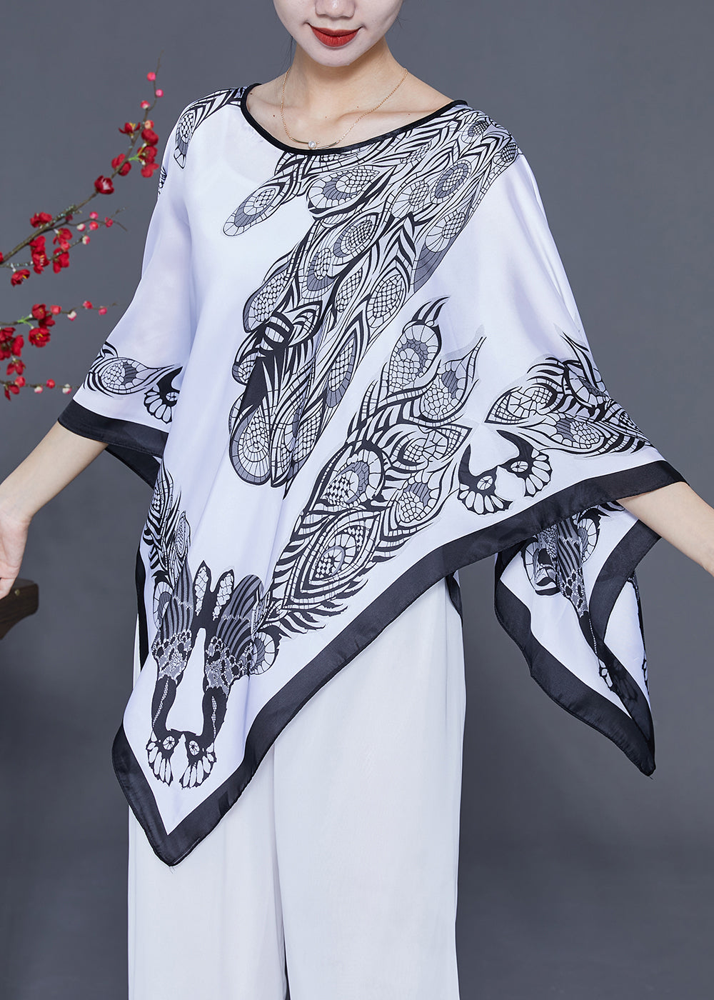 White Print Silk Scarf O-Neck Draping LY2410 - fabuloryshop