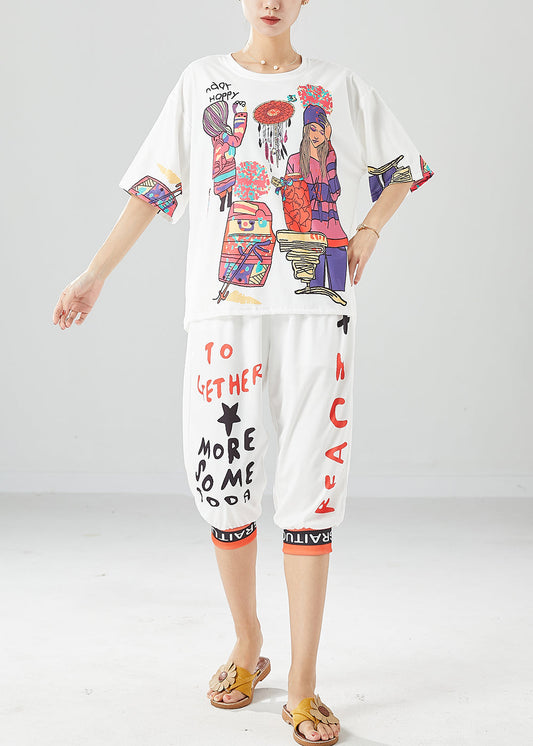 White Print Silk Tops And Pants Two Pieces Set Oversized Summer LY6107 - fabuloryshop