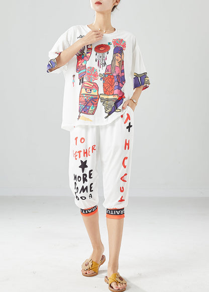 White Print Silk Tops And Pants Two Pieces Set Oversized Summer LY6107 - fabuloryshop