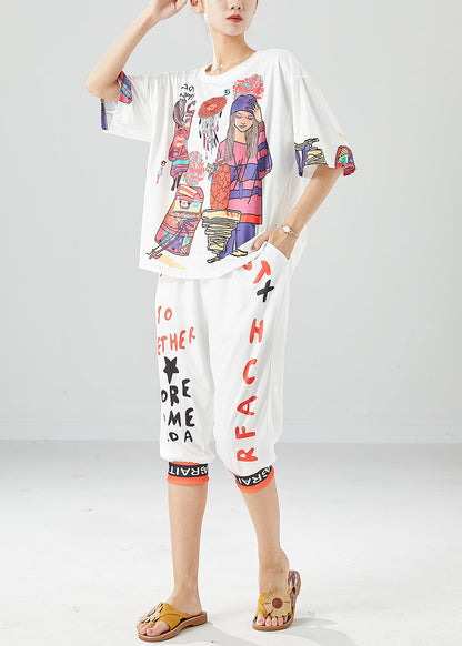 White Print Silk Tops And Pants Two Pieces Set Oversized Summer LY6107 - fabuloryshop