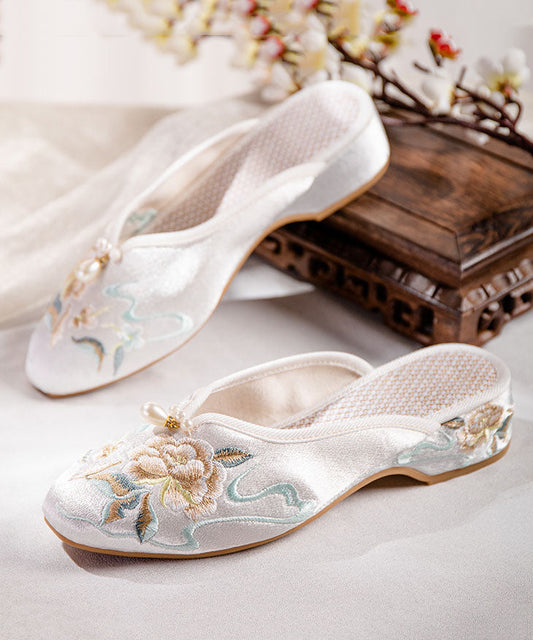 White Slide Sandals Chunky Cotton Fabric Comfortable Embroideried Splicing Ada Fashion