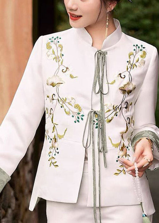 White Slim Fit Silk Jacket Embroideried Mandarin Collar Spring LY1423 - fabuloryshop