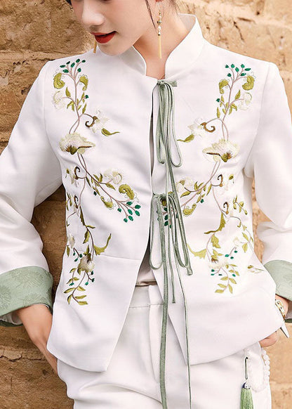 White Slim Fit Silk Jacket Embroideried Mandarin Collar Spring LY1423 - fabuloryshop