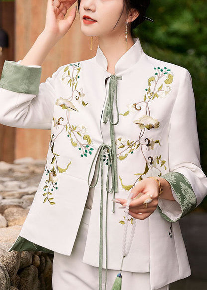 White Slim Fit Silk Jacket Embroideried Mandarin Collar Spring LY1423 - fabuloryshop