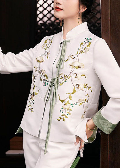 White Slim Fit Silk Jacket Embroideried Mandarin Collar Spring LY1423 - fabuloryshop