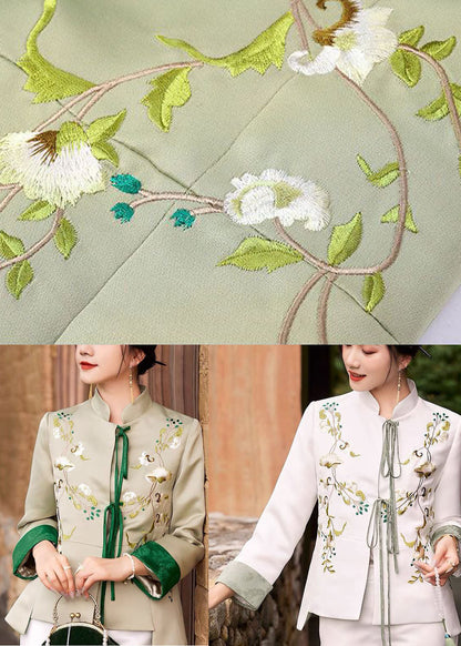 White Slim Fit Silk Jacket Embroideried Mandarin Collar Spring LY1423 - fabuloryshop