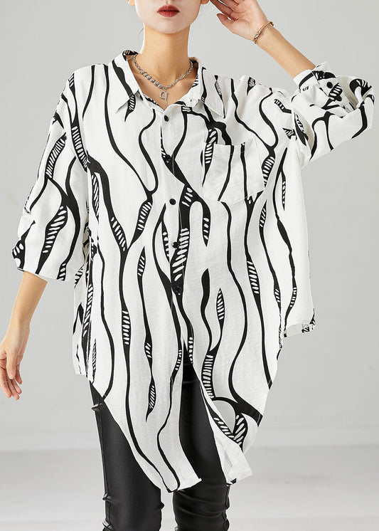 White Striped Cotton Blouse Top Oversized Lace Up Fall Ada Fashion
