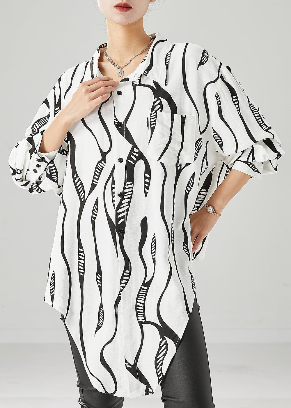 White Striped Cotton Blouse Top Oversized Lace Up Fall Ada Fashion