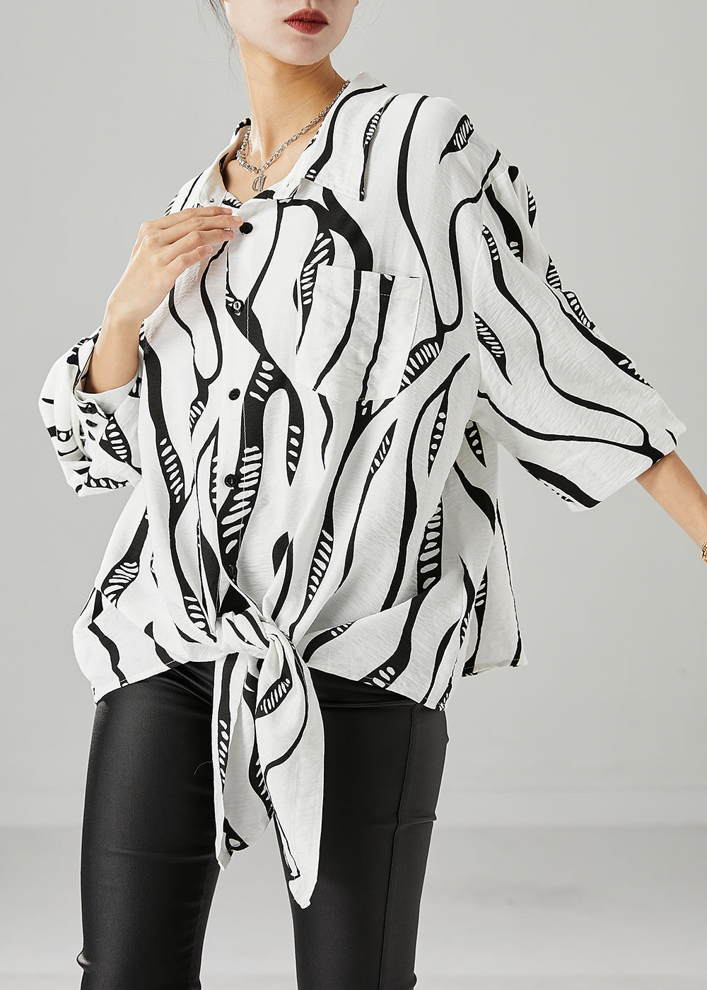 White Striped Cotton Blouse Top Oversized Lace Up Fall Ada Fashion