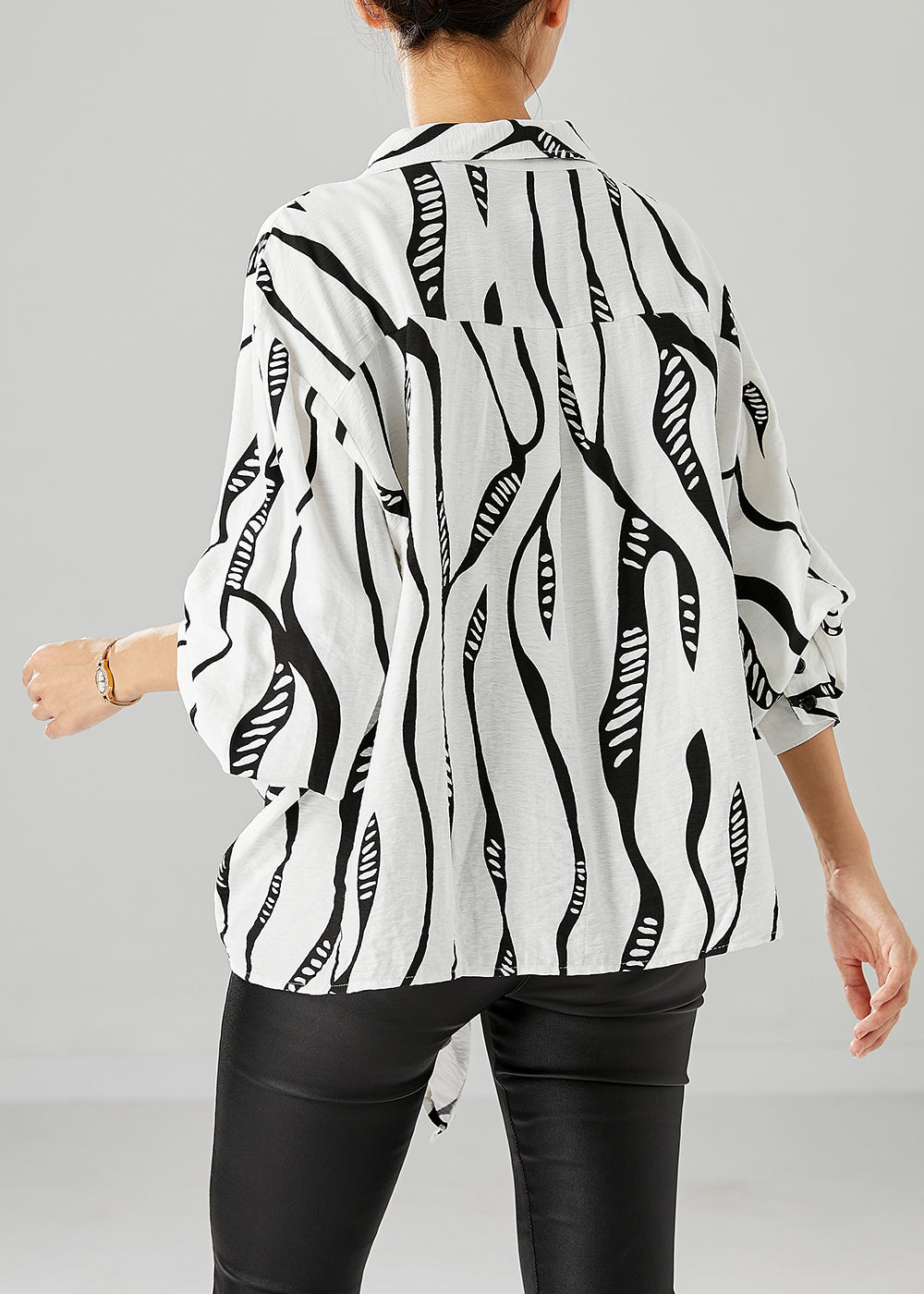 White Striped Cotton Blouse Top Oversized Lace Up Fall Ada Fashion