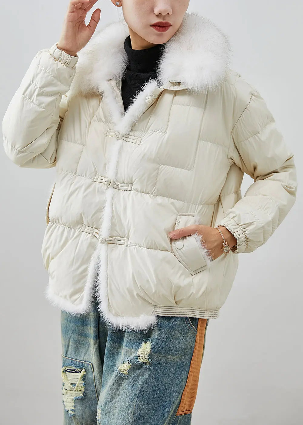 White Thick Duck Down Down Coat Oversized Fox Collar Chinese Button Winter Ada Fashion