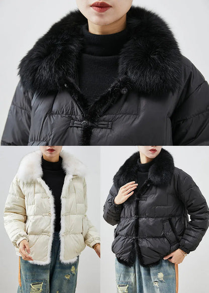 White Thick Duck Down Down Coat Oversized Fox Collar Chinese Button Winter Ada Fashion