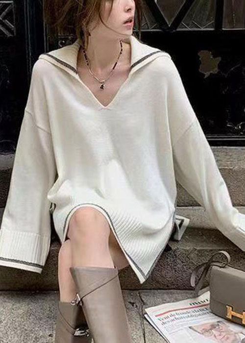 White Thick Knit Sweater Tops Sailor Collar Oversized Spring TG1031 - fabuloryshop