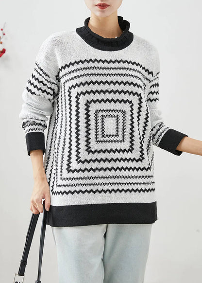 White Thick Knit Tops Oversized Print Winter Ada Fashion