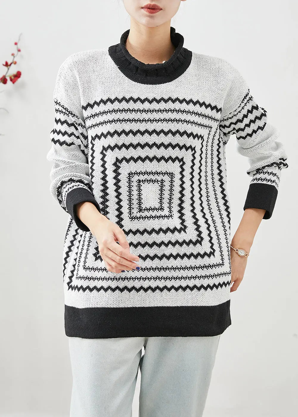 White Thick Knit Tops Oversized Print Winter Ada Fashion