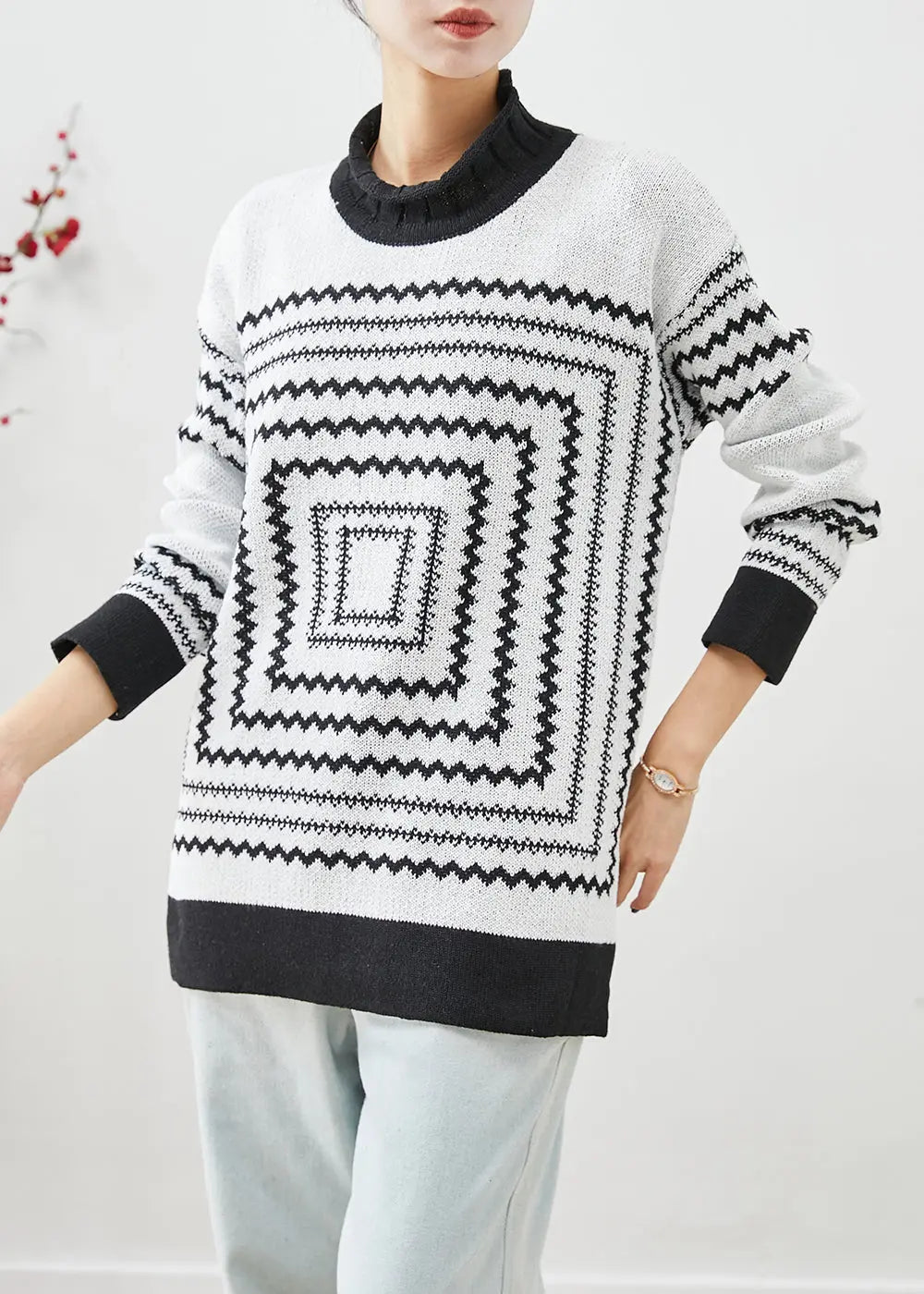 White Thick Knit Tops Oversized Print Winter Ada Fashion