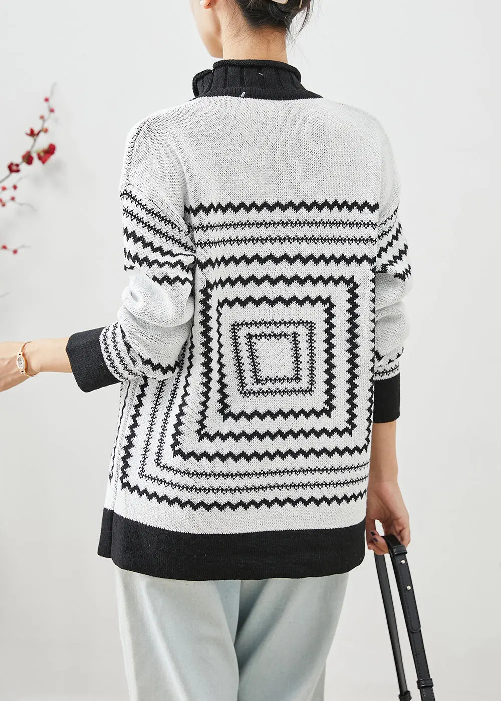 White Thick Knit Tops Oversized Print Winter Ada Fashion