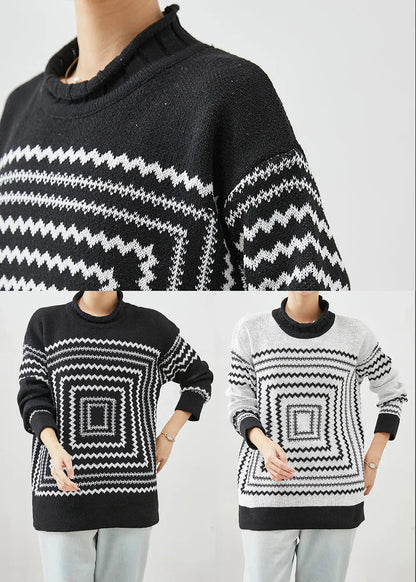 White Thick Knit Tops Oversized Print Winter Ada Fashion