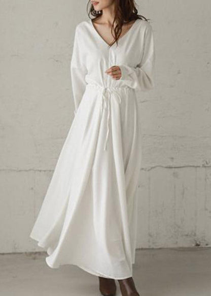 White Tie Waist Cotton Long Dresses Long Sleeve LY2106 - fabuloryshop