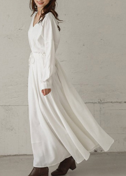 White Tie Waist Cotton Long Dresses Long Sleeve LY2106 - fabuloryshop