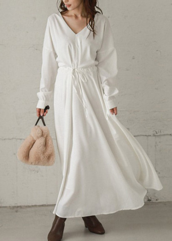 White Tie Waist Cotton Long Dresses Long Sleeve LY2106 - fabuloryshop