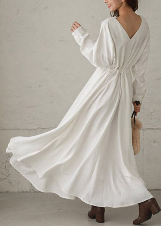 White Tie Waist Cotton Long Dresses Long Sleeve LY2106 - fabuloryshop