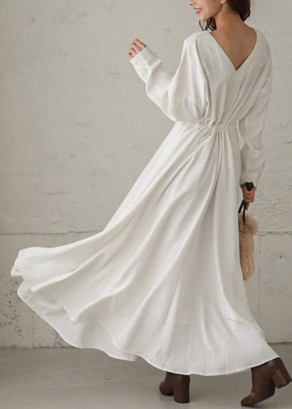 White Tie Waist Cotton Long Dresses Long Sleeve LY2106 - fabuloryshop