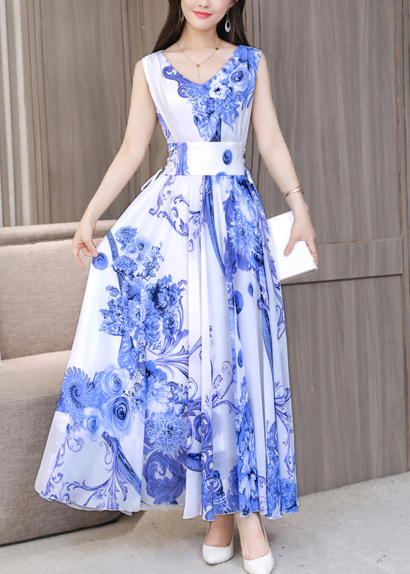 White Tie Waist Slim Chiffon Maxi Dress Sleeveless LY1740 - fabuloryshop