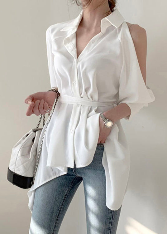 White Tie Waist Tunic Shirts Long Sleeve LY0359 - fabuloryshop