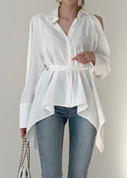 White Tie Waist Tunic Shirts Long Sleeve LY0359 - fabuloryshop