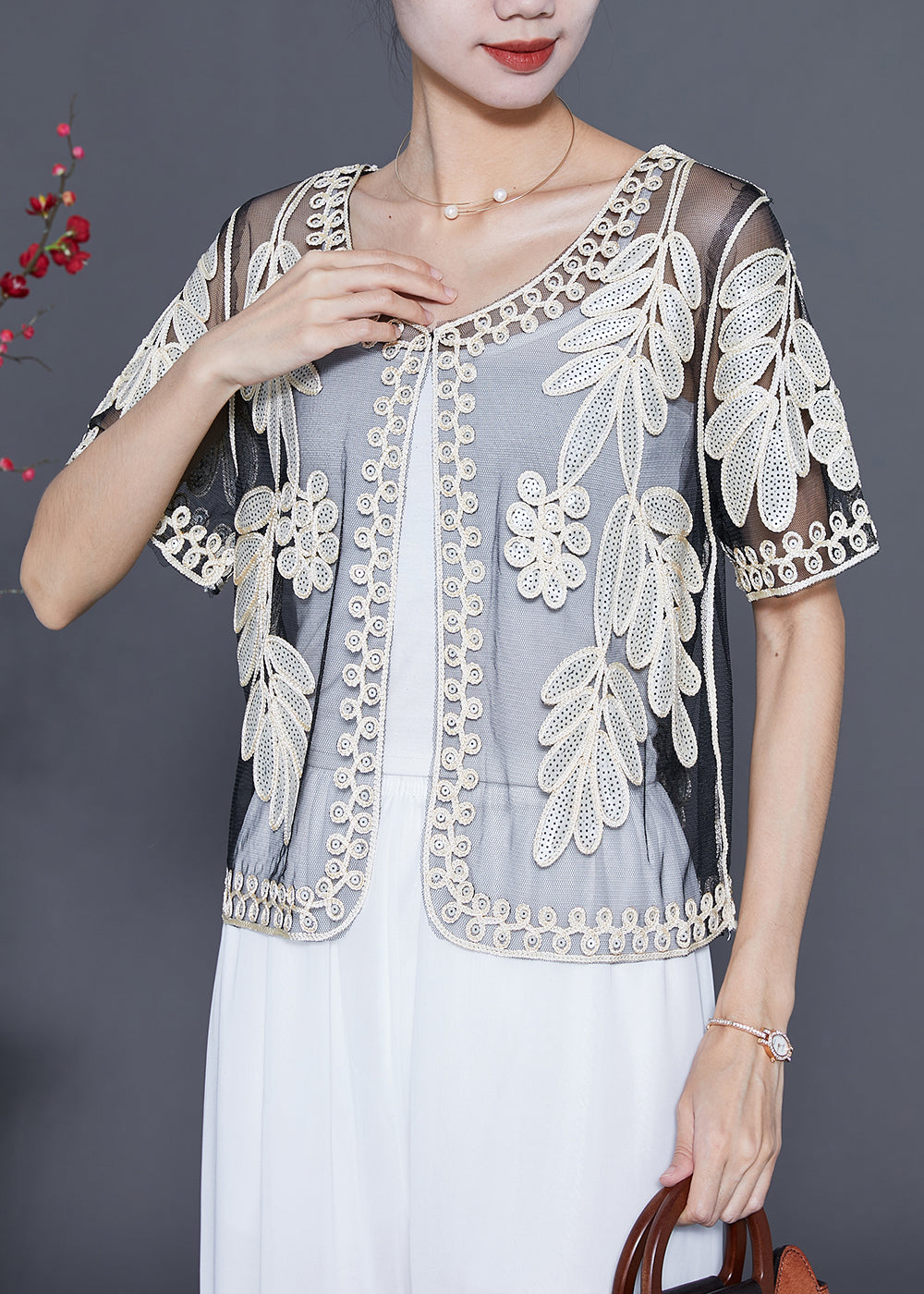 White Tulle Cardigan Sequins Embroideried Summer LY5541 - fabuloryshop