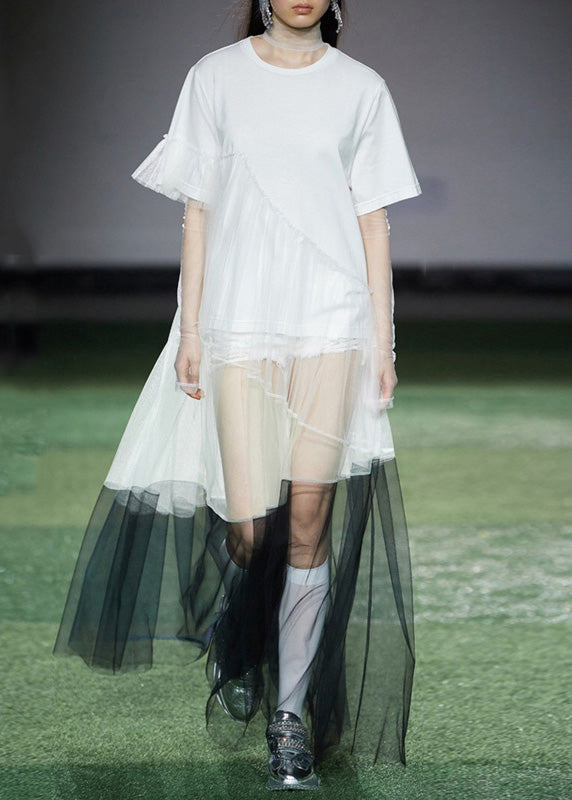 White Tulle Patchwork Cotton Holiday Dress Asymmetrical Design Short Sleeve Ada Fashion