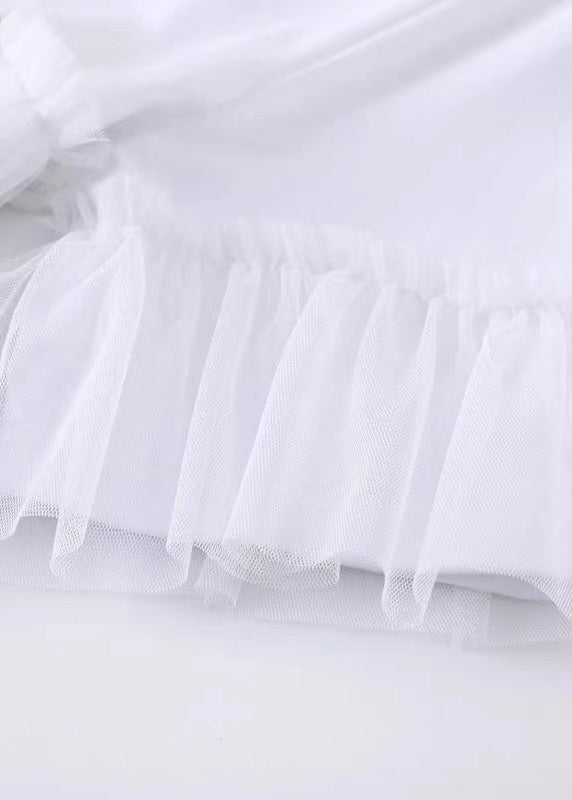 White Tulle Patchwork Cotton Holiday Dress Asymmetrical Design Short Sleeve Ada Fashion