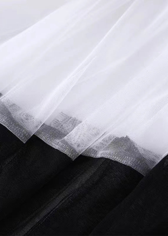White Tulle Patchwork Cotton Holiday Dress Asymmetrical Design Short Sleeve Ada Fashion