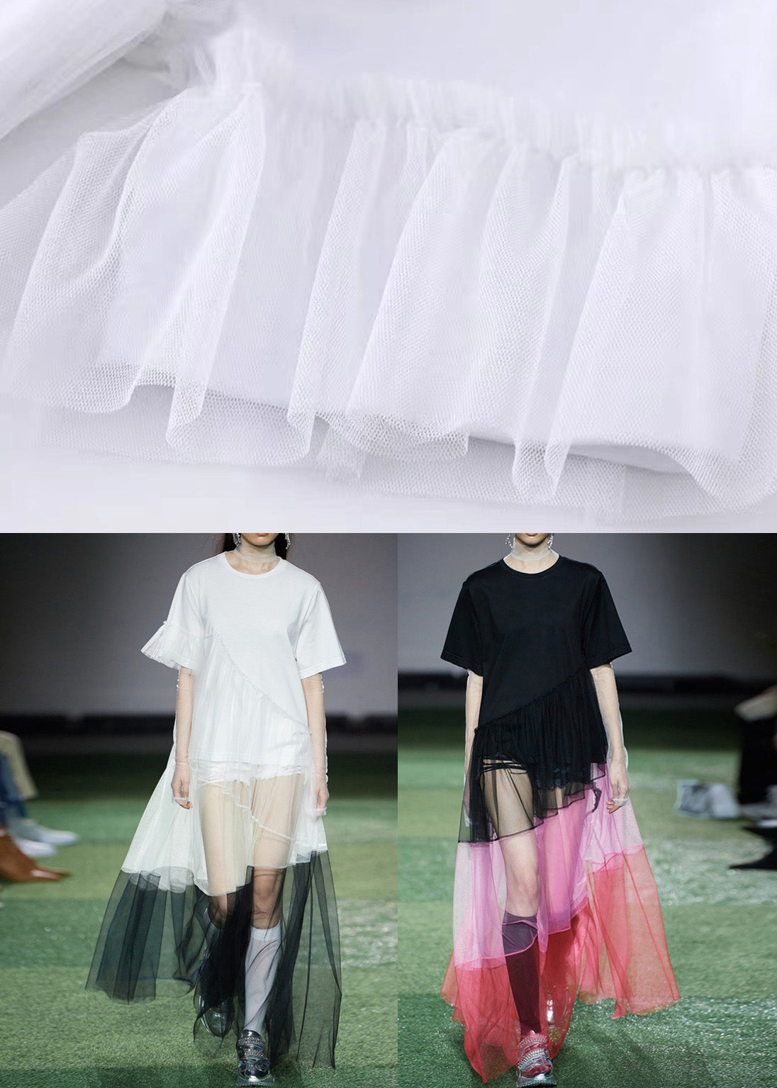 White Tulle Patchwork Cotton Holiday Dress Asymmetrical Design Short Sleeve Ada Fashion