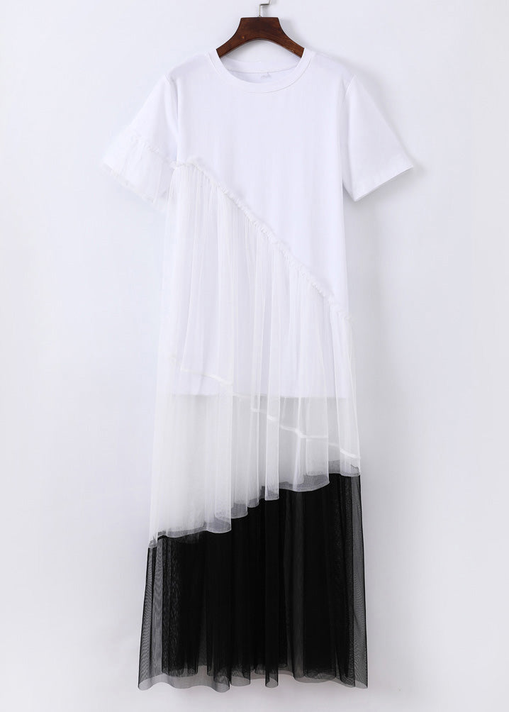 White Tulle Patchwork Cotton Holiday Dress Asymmetrical Design Short Sleeve Ada Fashion