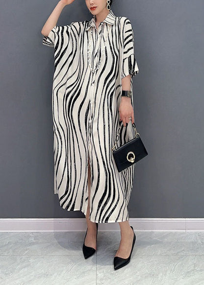 White Zebra Pattern Maxi Dress Oversized Turn-down Collar Summer LY1589 - fabuloryshop