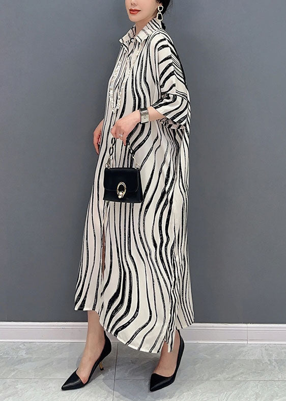 White Zebra Pattern Maxi Dress Oversized Turn-down Collar Summer LY1589 - fabuloryshop