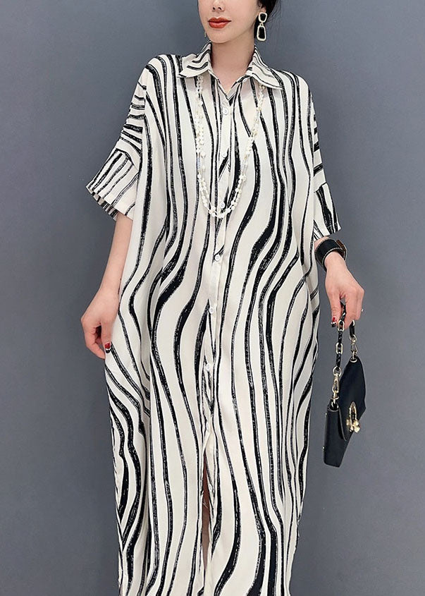 White Zebra Pattern Maxi Dress Oversized Turn-down Collar Summer LY1589 - fabuloryshop