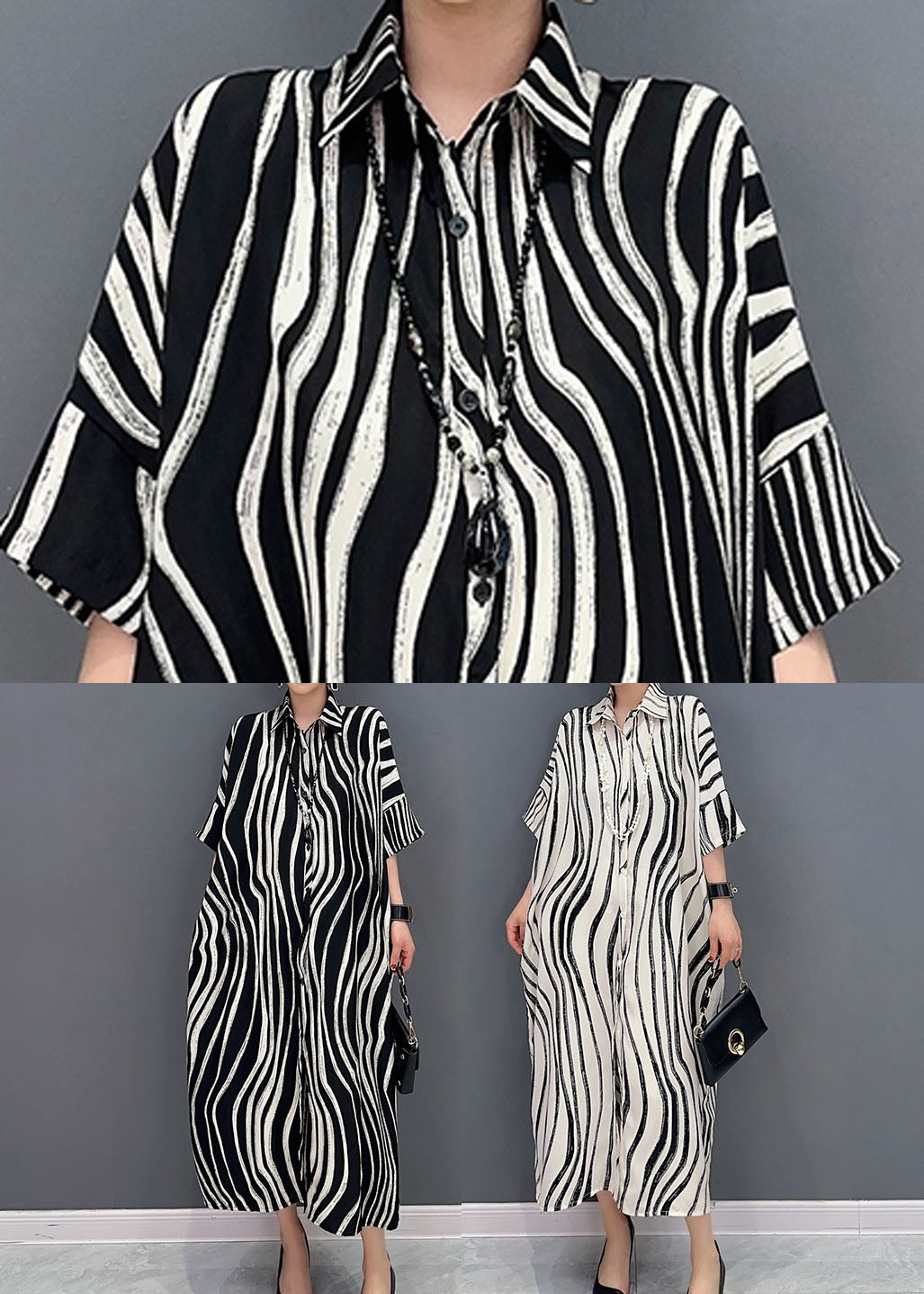 White Zebra Pattern Maxi Dress Oversized Turn-down Collar Summer LY1589 - fabuloryshop