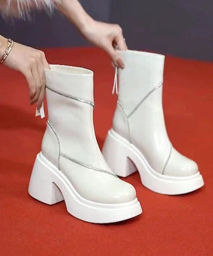 White Zippered Fashion Splicing Chunky Boots Ada Fashion