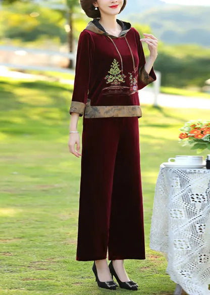 Wine Red Drawstring Silk Velour Pullover And Wide Leg Pants Two Pieces Set Long Sleeve Ada Fashion