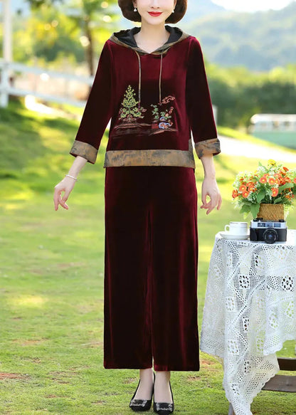 Wine Red Drawstring Silk Velour Pullover And Wide Leg Pants Two Pieces Set Long Sleeve Ada Fashion