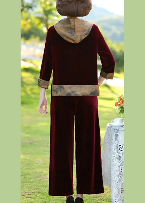 Wine Red Drawstring Silk Velour Pullover And Wide Leg Pants Two Pieces Set Long Sleeve Ada Fashion