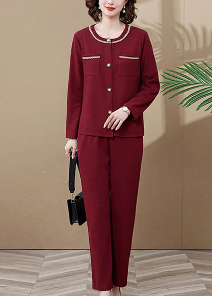 Wine Red O-Neck Butto Cardigans And Wide Leg Pants Two Pieces Set Long Sleeve Ada Fashion