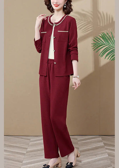 Wine Red O-Neck Butto Cardigans And Wide Leg Pants Two Pieces Set Long Sleeve Ada Fashion