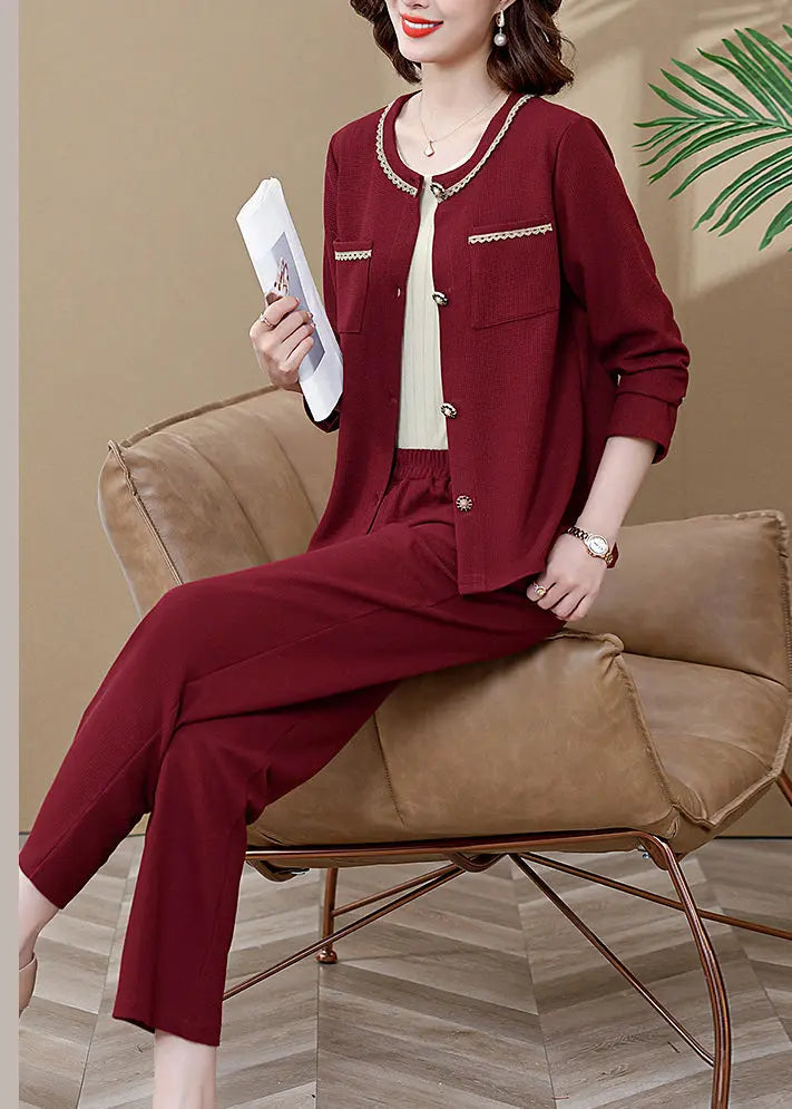 Wine Red O-Neck Butto Cardigans And Wide Leg Pants Two Pieces Set Long Sleeve Ada Fashion