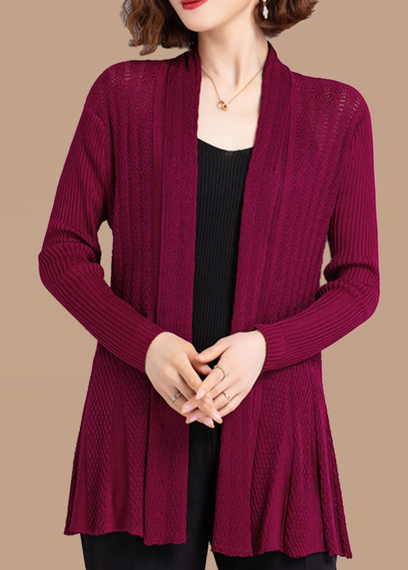 Wine Red Patchwork Knit Cardigans Hollow Out Wrinkled Fall Ada Fashion