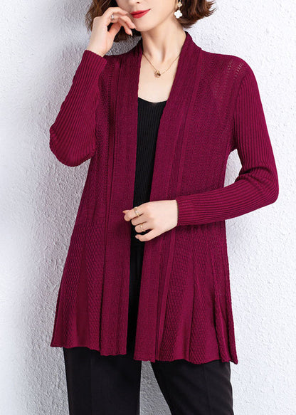 Wine Red Patchwork Knit Cardigans Hollow Out Wrinkled Fall Ada Fashion