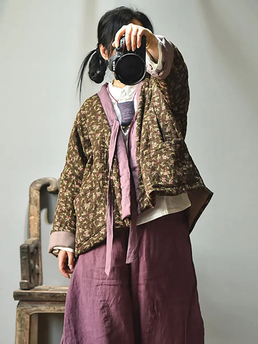 Women 100%Cotton Winter Ethnic Floral V-neck Coat Ada Fashion